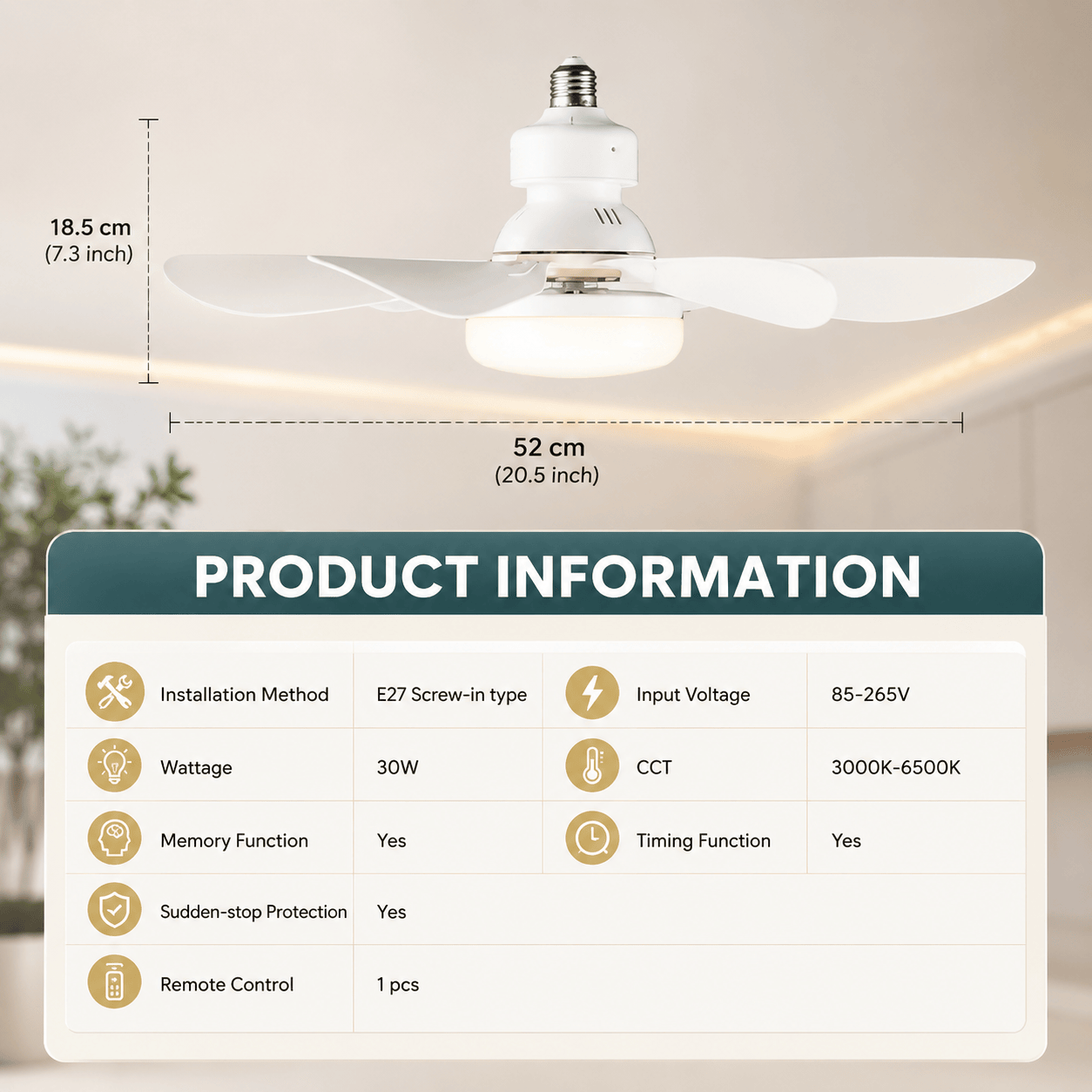 40W LED Ceiling Fan Light with Remote Control | E27 Socket + Free B22 Adapter